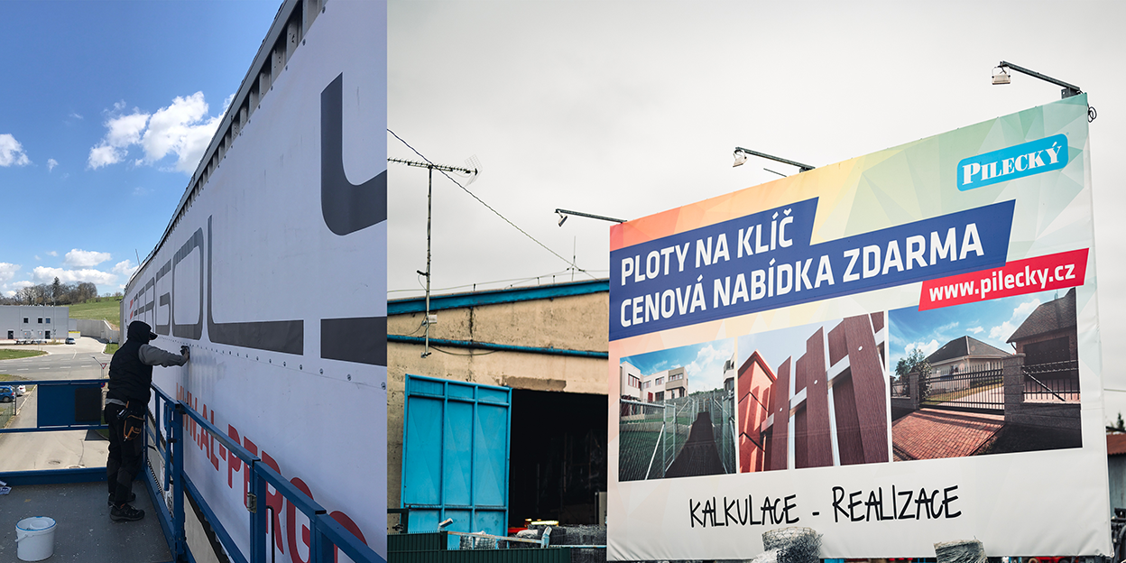 Montáž reklamního banneru a ukázka hotové venkovní reklamy na billboardu